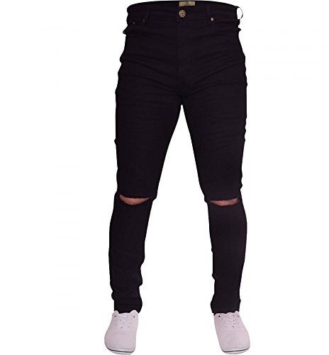 Island Trading Mens Ripped Slit Knee Skinny Stretch Fit Jeans Distressed Men's Denim Waist 34 Leg 32 (34R) Black
