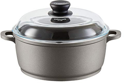 Berndes BONANZA Kochtopf mit Glasdeckel, inkl. Silikon-Thermogriffe, 20 cm, robuster Aluguss, Antihaftversiegelung, 2,3 Liter, Schwarz