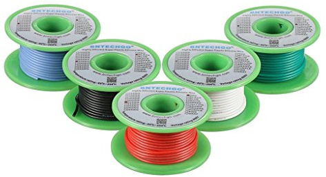 BNTECHGO 22 Gauge Silicone Wire Kit Red Black White Blue and Green Each 30ft 22 AWG Stranded Tinned Copper Wire