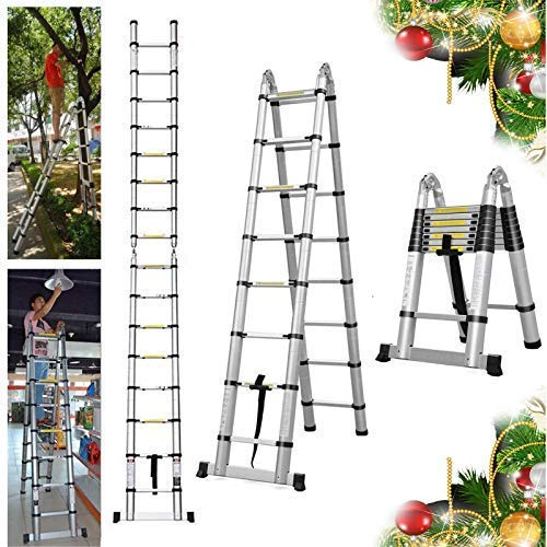 Bowoshen 16.5ft Telescoping Ladder A-Frame Extension Portable Aluminum Telescoping 16 Steps Ladder EN131 Certified 330lb Load