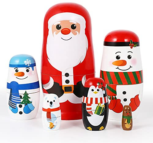 EXCEART Weihnachten Aus Holz Stapel Puppe Russische Matryoshka Nested mit Santa Claus Elch Schneemann Eisbär Pinguin für Kinder Geburtstag, 11151W19M09K9CCUSNVYNPM