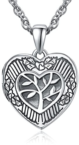 KINGWHYTE Livets träd medaljong halsband 925 sterling silver hjärtform medaljong halsband oxiderat livets träd foto hänge halsband gåvor för kvinnor flickvän fru mamma