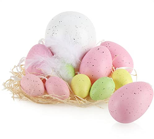 com-four® 11-teiliges Ostereier-Set - Deko-Ostereier in 3 Größen zum Anhängen - Bunte Hängedeko für Ostern - Dekoration für Strauch und Osterkorb mit Federn und Stroh (11 Stück - Gelb/Rosa/Weiß/Grün)