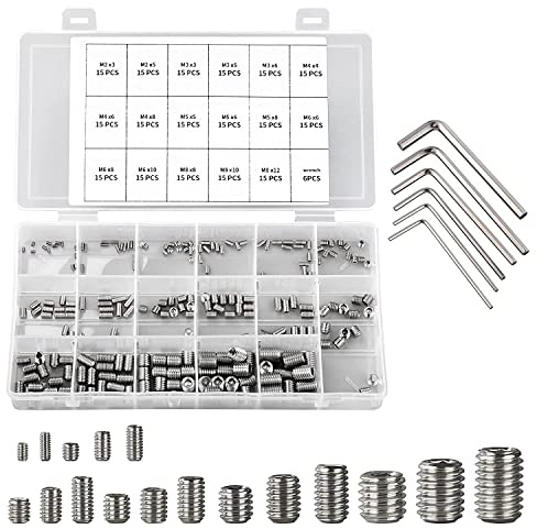 261PCS Hex Allen Head Socket Set Screw, KWOKWEI Grub Screw Set M2 M3 M4 M5 M6 M8 304 Stainless Steel Internal Hex Drive Headless Set Screw Assortment Kit for Door Handle, Bathroom, Garage