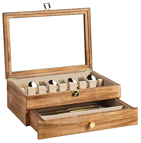 Yoimori Silverware Box, 2-Layer Wooden Silverware Storage Box with Glass Lid, 14.5×10.6 Inches Vintage Style Decor Flatware Storage Case for Fine Flatware & Utensils, Gift Idea (Torched Wood)