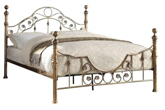 SlumberWorx LETCHWORTH VINTAGE VICTORIAN BRUSHED ANTIQUE BRASS METAL BED FRAME - SMALL DOUBLE/DOUBLE/KING SIZE WITH MATTRESS OPTIONS (No Mattress, Double)