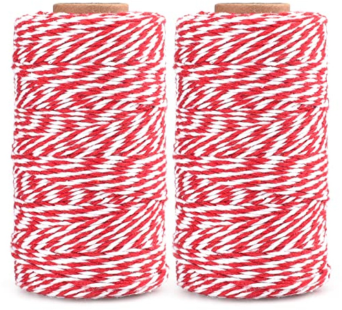 KINGLAKE 2x100m Red and White Cotton String, 2mm Christmas String Bakers Twine for Gift Wrapping, Crafts, Xmas Decorations and Kitchen Cooking