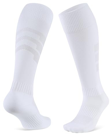 CLOSEMATE 2 Pares Calcetines Futbol largo Hombre Mujer Deportivos Cómodo Transpirable Acolchados Antideslizantes para Ciclismo Running Squash Trekking(blanco, Tamaño L)