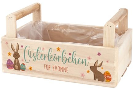 Herz & Heim® Osternest mit Namen in Form einer Holzkiste mit Gravur oder Druck - Osterkörbchen (Hasen & Ostereier)