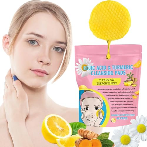 Tampon de nettoyage tricarbonate,Curcuma Kojic Acid Cleansing Pads,40pcs Turmeric Cleansing Pads,Turmeric Kojic Acid Exfoliating Cleansing Pads,Curcuma Éponge Nettoyante,Curcuma Exfoliants Pads