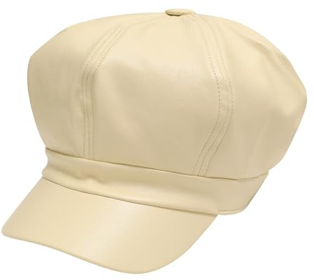 ZLYC Unisex PU Cuero Globo Gorra Gorra Retro Clásico Octágono Gorra Invierno Boinas, Color Liso Beige, Talla única