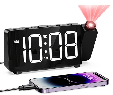 Ankilo Projektionsväckarklocka, 6,4 tums digital display och projektionsskärpa inställning, USB-port, snooze, 12/24 DST, justering av ljusstyrka för sovrum, tak, vägg, hus, barn