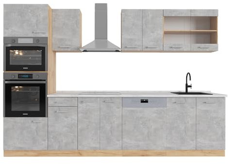 Vicco Küchenzeile R-Line, Beton/Goldkraft Eiche, 300 cm mit Hochschrank, AP Marmor