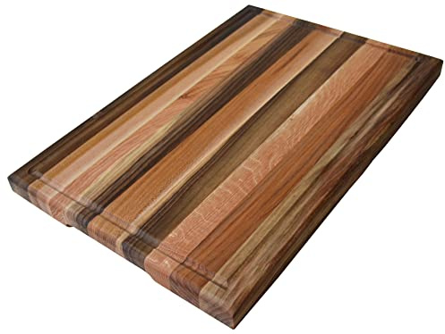 TESLYAR Tabla de cortar mediana de madera maciza para cocina con asas laterales y ranura de jugo integrada, 15.7 x 9.8 pulgadas, tabla de cortar de nogal, cerezo, fresno y roble rojo