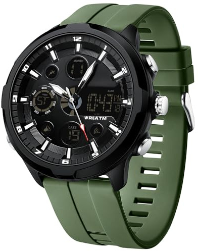 findtime Digitale Analoge Armbanduhr Herren Groß Zifferblat Sportlich Militär Herrenuhr Wasserdicht Led Beleuchtung Chronograph Stoppuhr Wecker Kalender Multifunktionale Uhren Robust Schwarz Grün