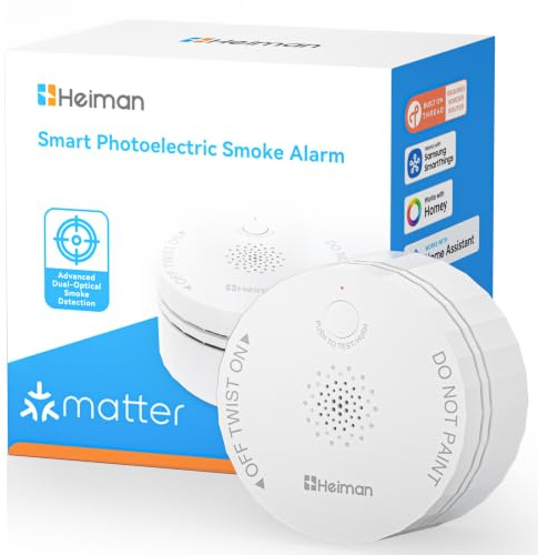 Heiman Detector de humo Matter con sensor de temperatura y humedad, S1-TM | Batería reemplazable de 5 años, soporte magnético, compatible con Apple HomeKit, SmartThings, Home Assistant y Homey