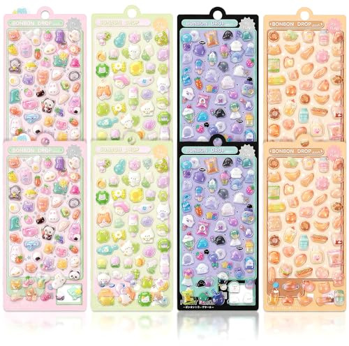 400+ (8 ark) 3D söta svullna kawaii roliga japanska gelé klistermärken, dekorativa hartsklistermärken för scrapbooking, dagbok, anteckningsblock, estetisk dekoration för laptop och telefon