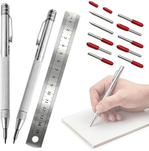 Juego de herramientas de trazado para metal, 2 agujas de acero de tungsteno resistentes, 10 puntas de repuesto, regla de acero de 15 cm y cola magnética, ideal para rascar y grabar metal