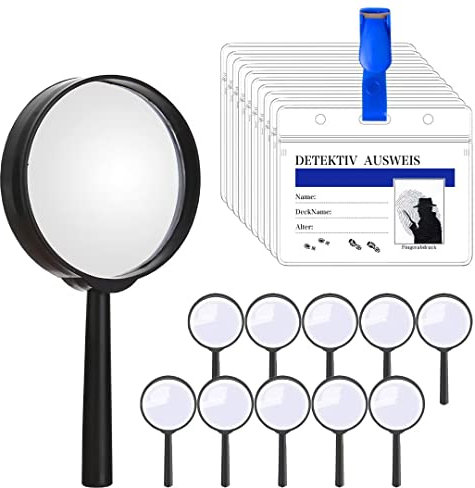 Detektive Lupe Kinder Set, 10 x Lupen Spielzeug und 10 x Detektivausweis Ausweise mit Clip, Lupen und DetektivAbzeichen für Kindergeburtstag Outdoor Forscher Detektiv Rollenspiel Zubehör