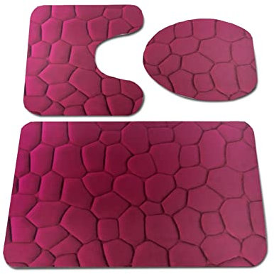 Lifup Badematte 3er Set, Weiche rutschfeste Wasserabsorbierend Badezimmermatte, 1 Badezimmer Teppiche, 1 Toilettenmatte, 1 Toilettensitzbezug Weinrot