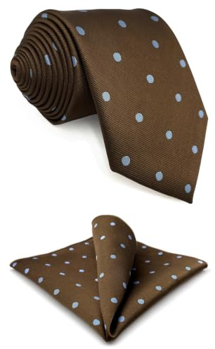 S&W SHLAX&WING Corbata para Hombre Marrón con Lunares Azules para Trajes Elegante Set de Regalo con Pañuelo de Bolsillo Extra Largo 160cm