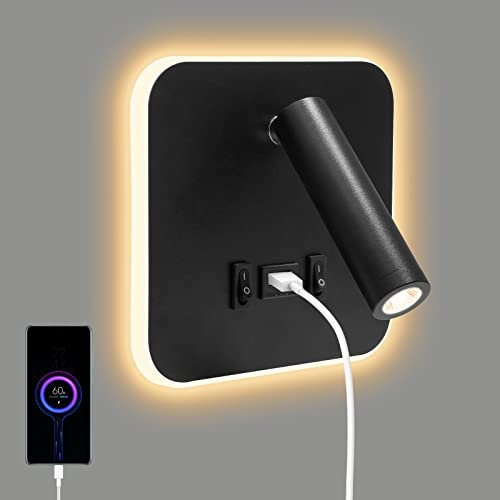 Nachttisch Leseleuchte 3 W + 9 W 3000 K, LED Wandleuchte mit USB Ladeanschluss und Schalter, Schwenkbar Nachttischlampe Wandlampe für Schlafzimmer, Treppen, Flur, Wohnzimmer, Hotel(cuadrado 1 negro)