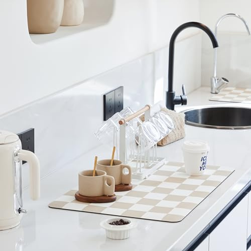 Ohocut Checkered Dish Drying Mat for Kitchen Counter, Coffee Bar Station Accessories, Retro Cute Aesthetic Modern Absorbent Drainer Mat Kitchen Drying Mat Easy Clean, Beige 12 x 19