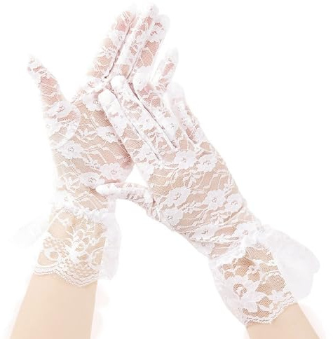 Copbopwn Girl's Lace Gloves - Floral Pattern, White, One Size - Dressy, Fancy, Communion, Halloween, Tea Party, Prom, Wedding Gloves for Girls