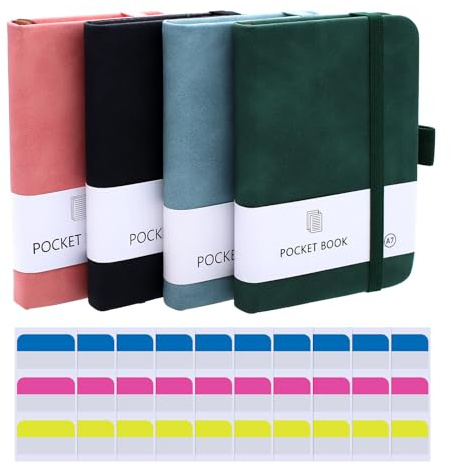 Aimeke 4 Pièces Carnet de Notes DIN A7, 200 Pages, 80 g/m², Carnet de Notes à Pages Blanches, Fermeture élastique, Porte-Stylo, Marque-Page