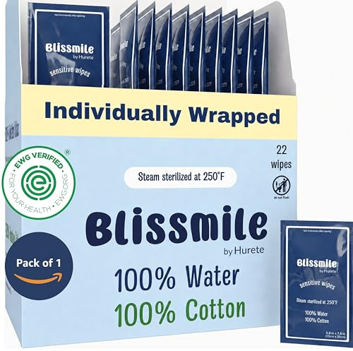 Blissmile 100% Water Wet Wipes, Individually Wrapped Travel Size - Unscented & Fragrance-Free, 100% Cotton - Gentle for Baby, Women & Sensitive Skin - Face, Hand, Body & Feminine Care - 22 ct