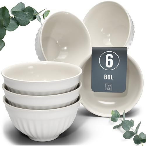 Set de 6 Bols à Céréales en Grès – Design HYGGE Scandi - Résistants au Lave-Vaisselle et au Micro-ondes - Bols Petit avec Design Rainuré - Pure Living en gris clair