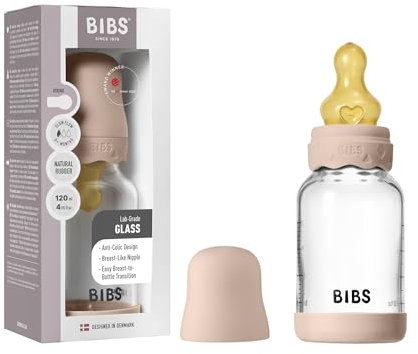 BIBS Boheme Baby Glass Bottle 4 oz /120 ml. Anti-Colic. Round Natural Rubber Latex Nipple. Supports Natural Breastfeeding - Blush