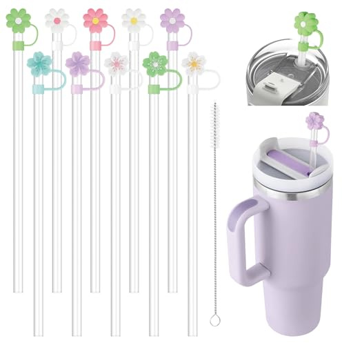 10 Pezzi Cannucce Riutilizzabili per Stanley Cup, Cannuccia per Borraccia con 10 Coperture per Cannuccia a Forma di Fiore, Cannucce di Trasparente da 31 cm, Cannucce Cocktail e Spazzole per la Pulizia