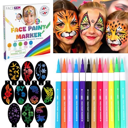 12 Colour Face Paint – Water-Based – Mess-Free Face Painting Kit with Stencils – Fast-Drying, Washable, Easy to Clean, Non-Toxic Face Paint for Festivals, Parties, Masquerade, Fancy Dress, Carnival