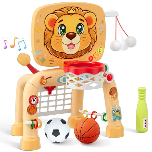 HYES 3 en 1 Enfants Panier de Basket avec Football Baseball, Basketball Stands avec Football Gate, Mini Panier Basket Activités d'apprentissage Jouets Cadeau pour Bébé Garçon Fille Intérieur Extérieur