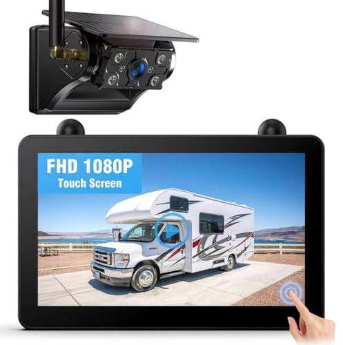 Rückfahrkamera Kabellos Solar Magnetische Rückfahrkameras Funk: 7“ 1080P Touchscreen IPS Monitor, 12000mAh Akku, 1-Min Einrichtung, IP69K Wasserdicht Rückfahrkameras für Wohnmobile,Anhänger und LKWs