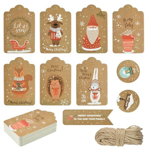 TAIYOU 60 pezzi Etichette regalo in carta kraft per Natale, tag natalizi retrò con corda, decorazioni per albero di Natale per confezioni regalo, 10 design, formato B