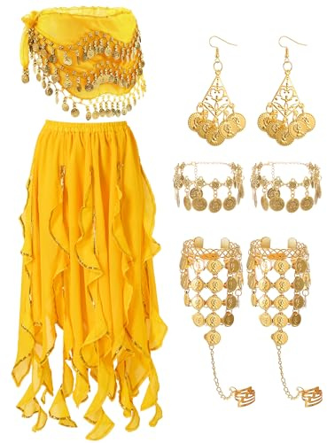 Haysandy 8 Pcs Belly Dance Costume Set with Skirt Hip Scarf, Yellow