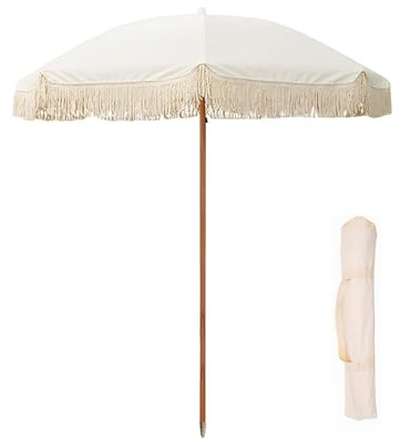 Sombrilla de jardín portátil de 180 cm con flecos, parasol UV 50+, diseño de 8 costillas, perfecto para playa, patio, piscina, balcón, mercado, incluye práctica bolsa de transporte