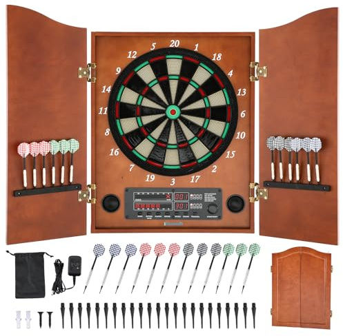 Bonoutil Electronic Dartboard Cabinet Set for Adult Soft Tip Dart Boards with Cabinet, Up to 8 Players, 25 Games with 12 Soft Tip Dartboard Set for Home Family Game