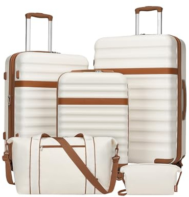 Kono Juego de Maletas con Expansión (Solo 24 y 28), con Ruedas TPE y Cerradura TSA, más Bolsa de Viaje con Correa Ajustable y Hebilla para Carro, y Neceser, Ideal para Viajes Familiares (Crema)