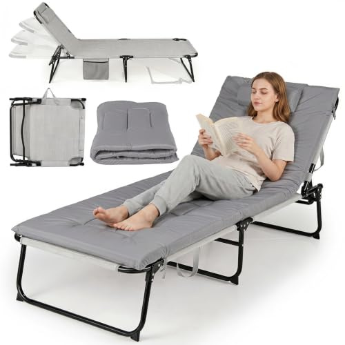 COSTWAY Bain de Soleil Pliable, Dossier à 4 Positions, Matelas Épais Amovible, Chaise Longue Jardin, Oreiller, Poche Latérale, Sangle, Transat pour Camping Piscine Bureau, Charge 120 kg (Gris)