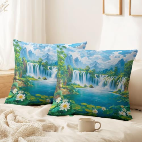 Kuddöverdrag 60 x 40 cm – varm, naturlig, majestätisk kuddöverdrag, paket med 2 omgivande vattenfall, lotus, berg för bäddsoffa trädgård utomhus vår