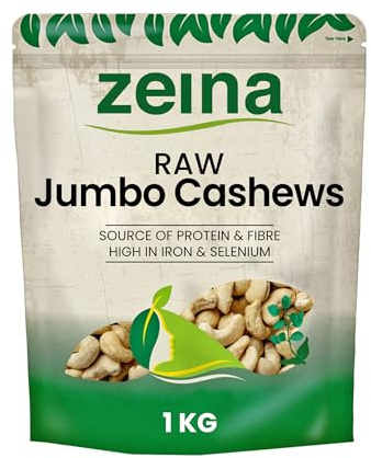 Zeina Jumbo Cashew Nuts (Raw) with High Vitamin B6 and Iron (1Kg) - Natural Fibre and Protein. A Fresh Healthy Snack with Resealable Bag - Peanut and Sesame Free