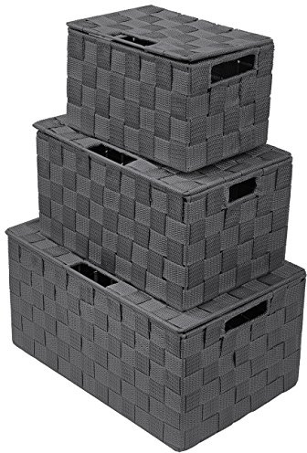 Sorbus Caja de almacenamiento, cesta tejida, contenedor, cubo, organizador, apilable, con correa tejida, organizador de estantes, asas de transporte integradas (contenedores de tapa, paquete de 3