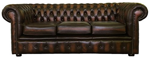 Chesterfield - Divano a 3 posti, 100% vera pelle, colore: Marrone anticato