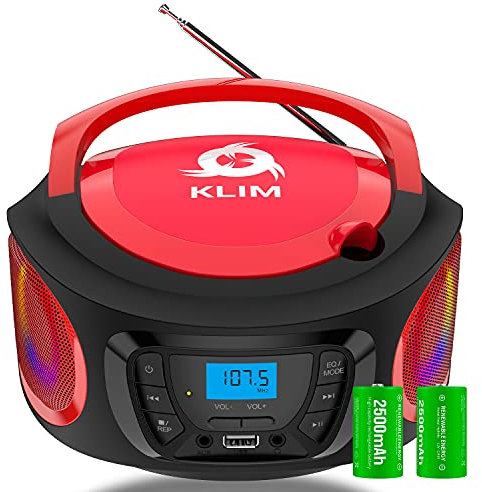 KLIM Boombox - Radio CD Portatil con Bluetooth, MP3, USB, AUX, Radio FM - Reproductor de CD con Pilas Recargables Incluidas - Modo inalámbrico y Cable Nuevo - Rojo