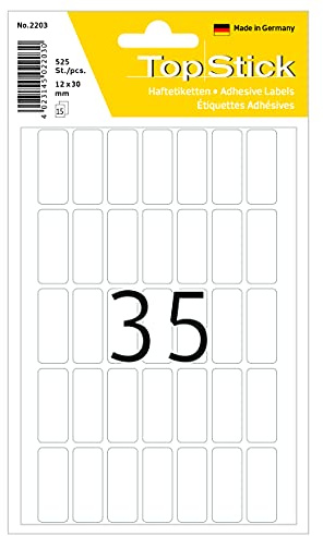 TopStick 2203 hushållsetiketter mini (12 x 30 mm, 15 ark, papper, matt) självhäftande, permanenta multifunktionsetiketter för handskriven märkning, 525 klistermärken, vit