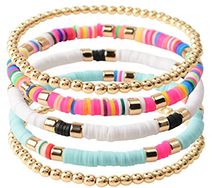 GOOJIDS Surfer Heishi Clay Bead Bracelets for Women Bohemian Stackable Gold Plated Beaded Stretch Bracelets Elastic Layering Friendship Bracelets Set Boho Jewelry