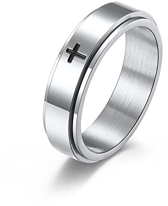 Minimalist Cross Christian Jesus Christ Lord Prayer Rotating Stress Relief Spinner Fidget Band Rings for Men Women Anxiety Finger Rotate Stainless Steel Fashion Cool Ring Birthday Gifts (Silver, 8)